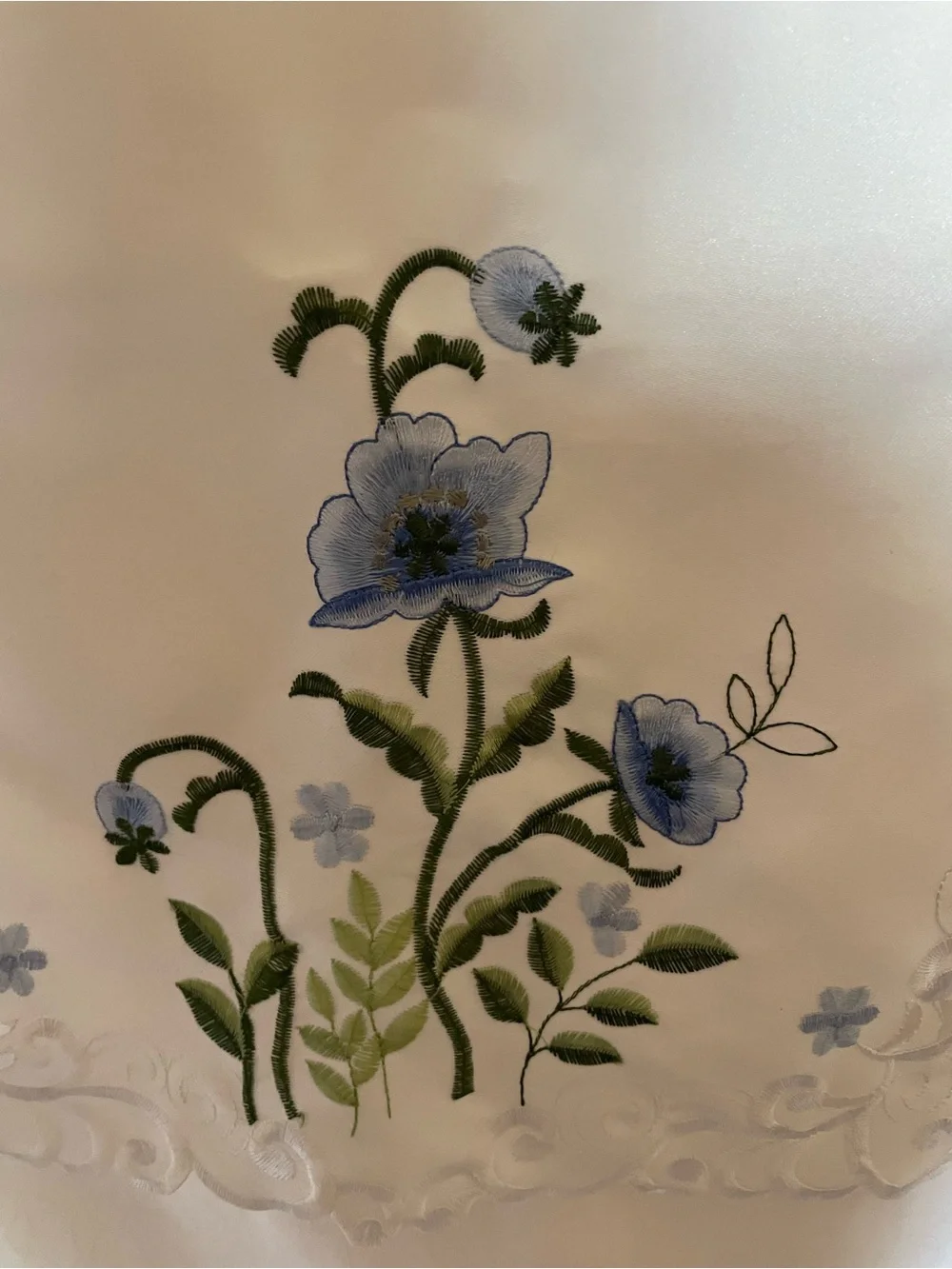Embroidered Blue Floral Linen Runner & Doily Set